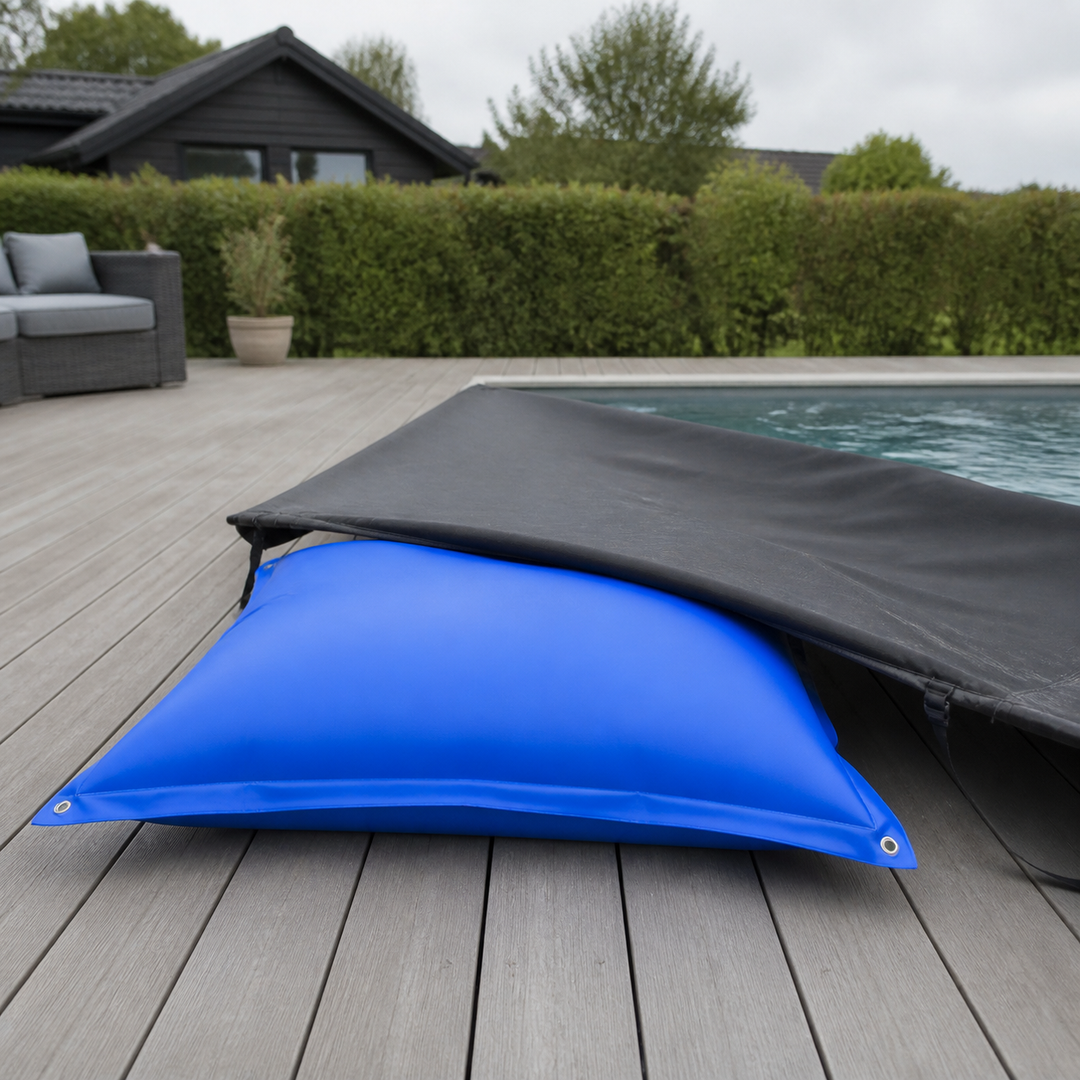 Poolpude op til -20°C vinter XL luftpude XXL inkl. reb PVC dobbeltsøm sikkerhedsventiløjer poolovertræk vinteropbevaring, størrelse: 120x120cm poolpude – hero i naturlig brug