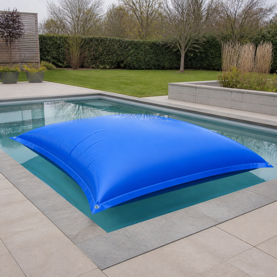 Poolpude op til -20°C vinter XL luftpude XXL inkl. reb PVC dobbeltsøm sikkerhedsventiløjer poolovertræk vinteropbevaring, størrelse: 120x120cm poolpude – supplerende neutral dagslysscene
