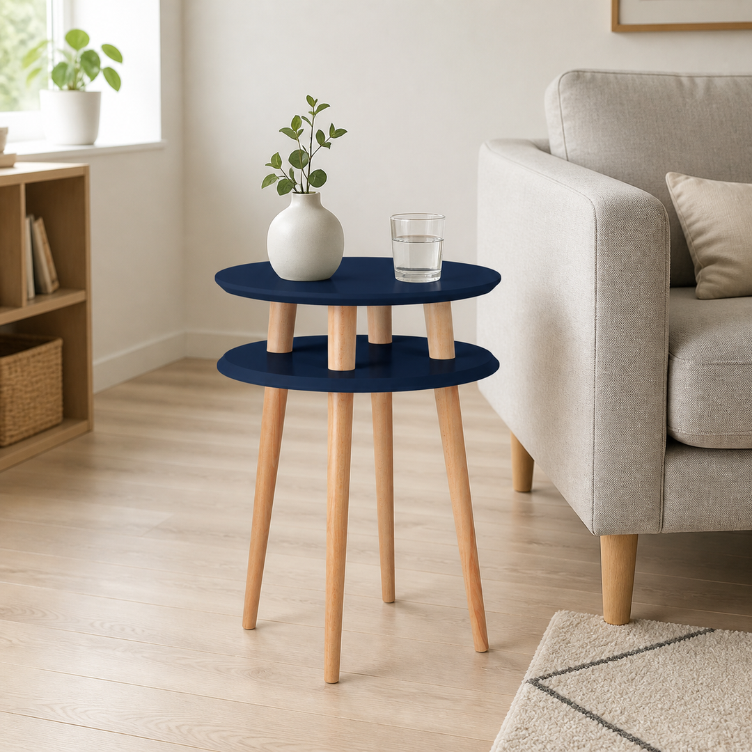 UFO Sidebord diameter 45cm x højde 61cm - Marineblå / Hvide ben – supplerende neutral dagslysscene