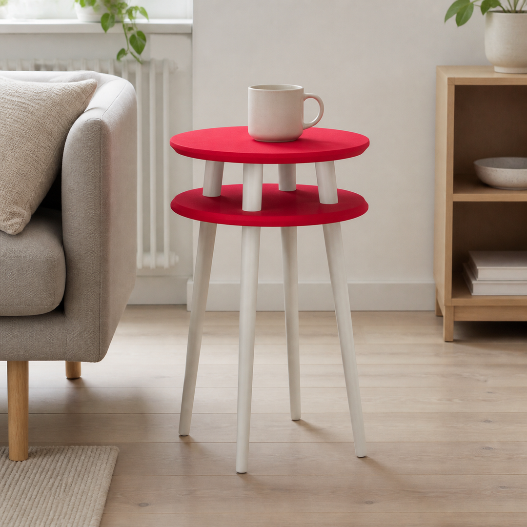 UFO Sidebord diameter 45cm x højde 61cm - Rød /hvide ben – supplerende neutral dagslysscene