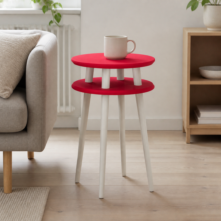 UFO Sidebord diameter 45cm x højde 61cm - Rød /hvide ben – supplerende neutral dagslysscene