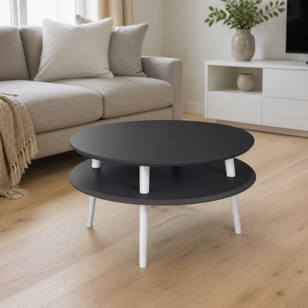 UFO Sofabord Diam 70cm x Højde 35cm - Grafit / Hvide Ben – hele produktet lukket i hjemmet