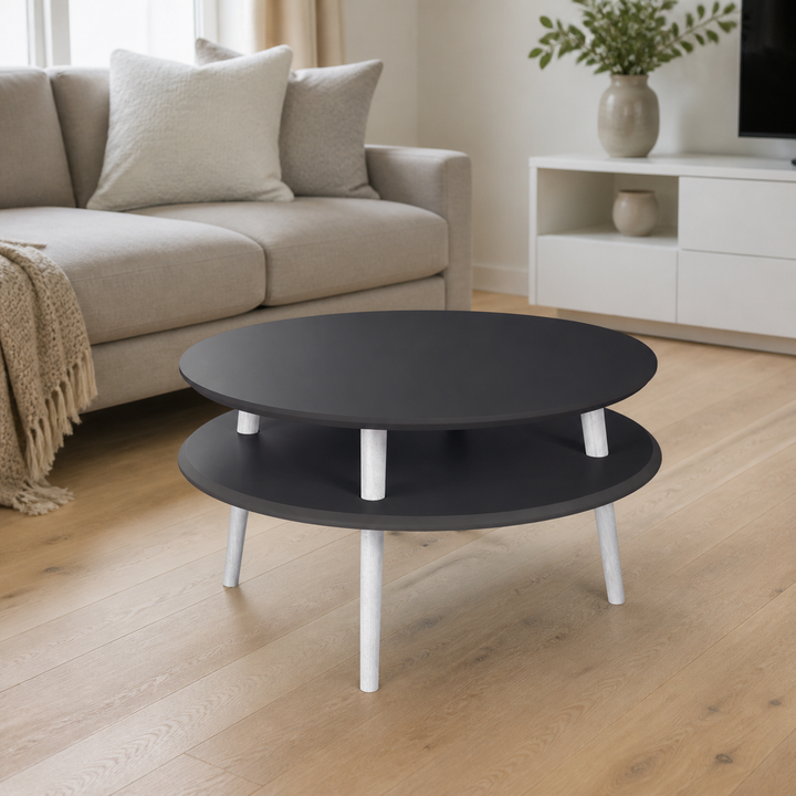 UFO Sofabord Diam 70cm x Højde 35cm - Grafit / Hvide Ben – hele produktet lukket i hjemmet