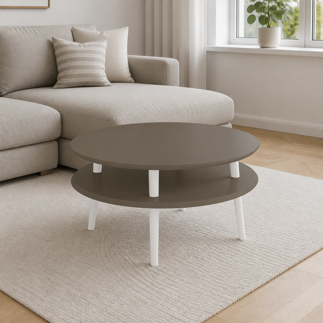UFO Sofabord Diam 70cm x Højde 35cm Brun Hvide Ben – hero i naturlig brug
