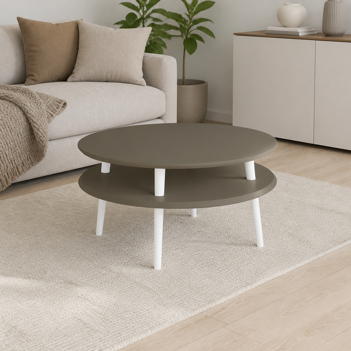 UFO Sofabord Diam 70cm x Højde 35cm Brun Hvide Ben – hele produktet lukket i hjemmet
