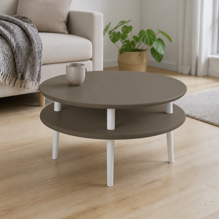 UFO Sofabord Diam 70cm x Højde 35cm Brun Hvide Ben – materiale- eller konstruktionsdetalje