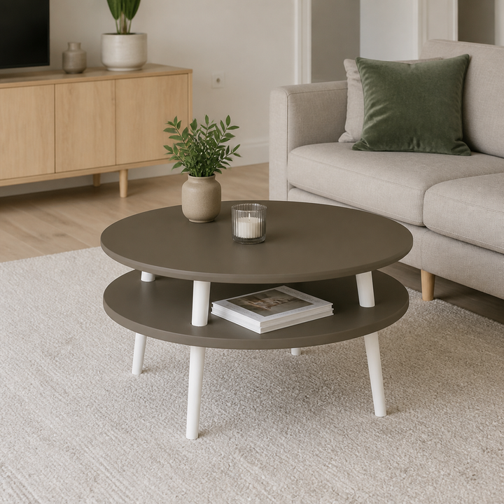 UFO Sofabord Diam 70cm x Højde 35cm Brun Hvide Ben – anden naturlig anvendelse eller vinkel