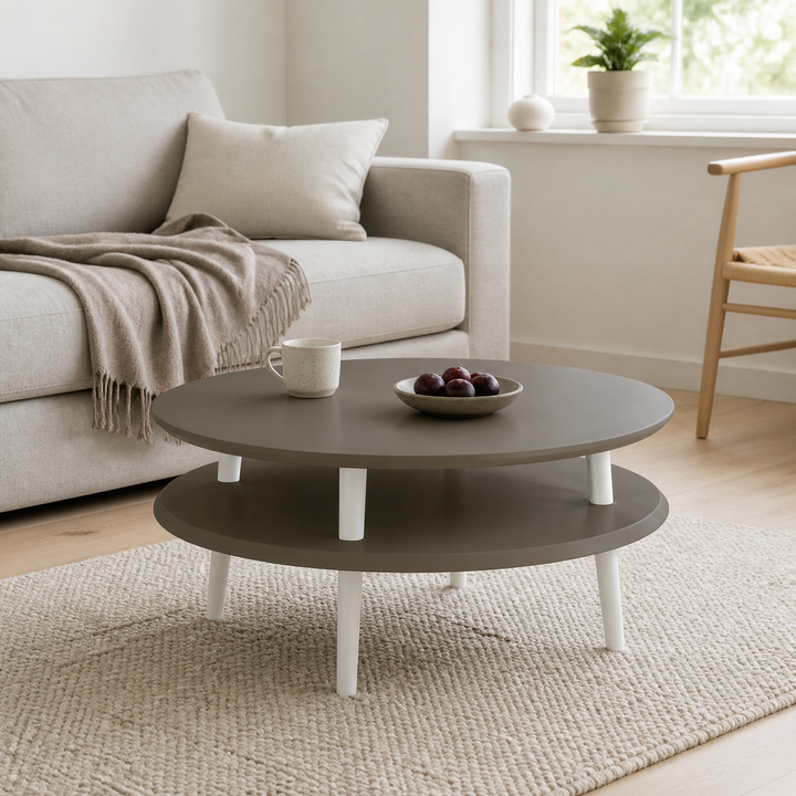 UFO Sofabord Diam 70cm x Højde 35cm Brun Hvide Ben – supplerende neutral dagslysscene