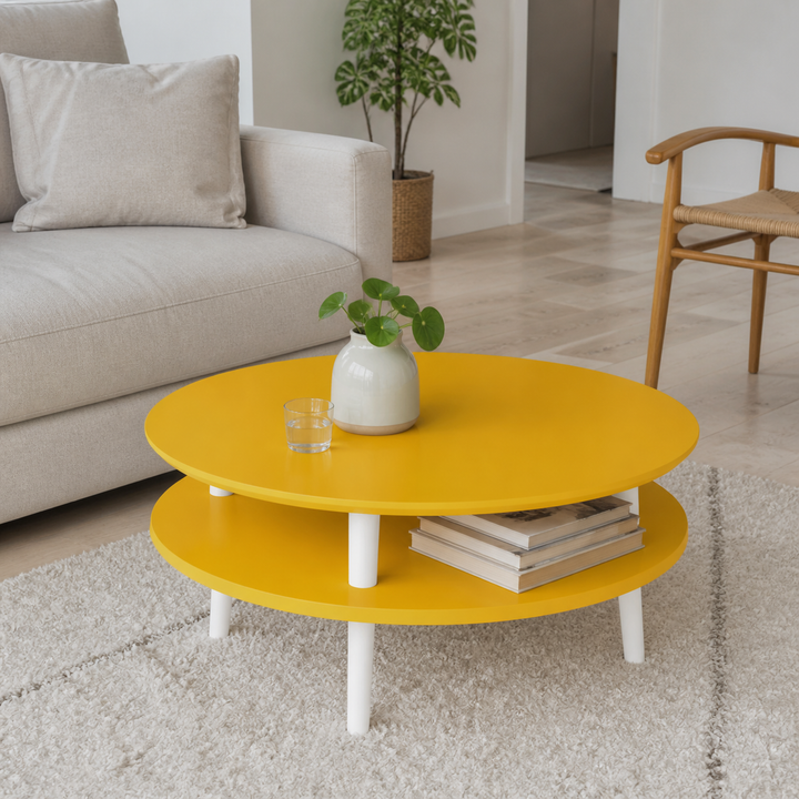 UFO Sofabord Diam 70cm x Højde 35cm Gul Hvid Ben – vigtigste funktion