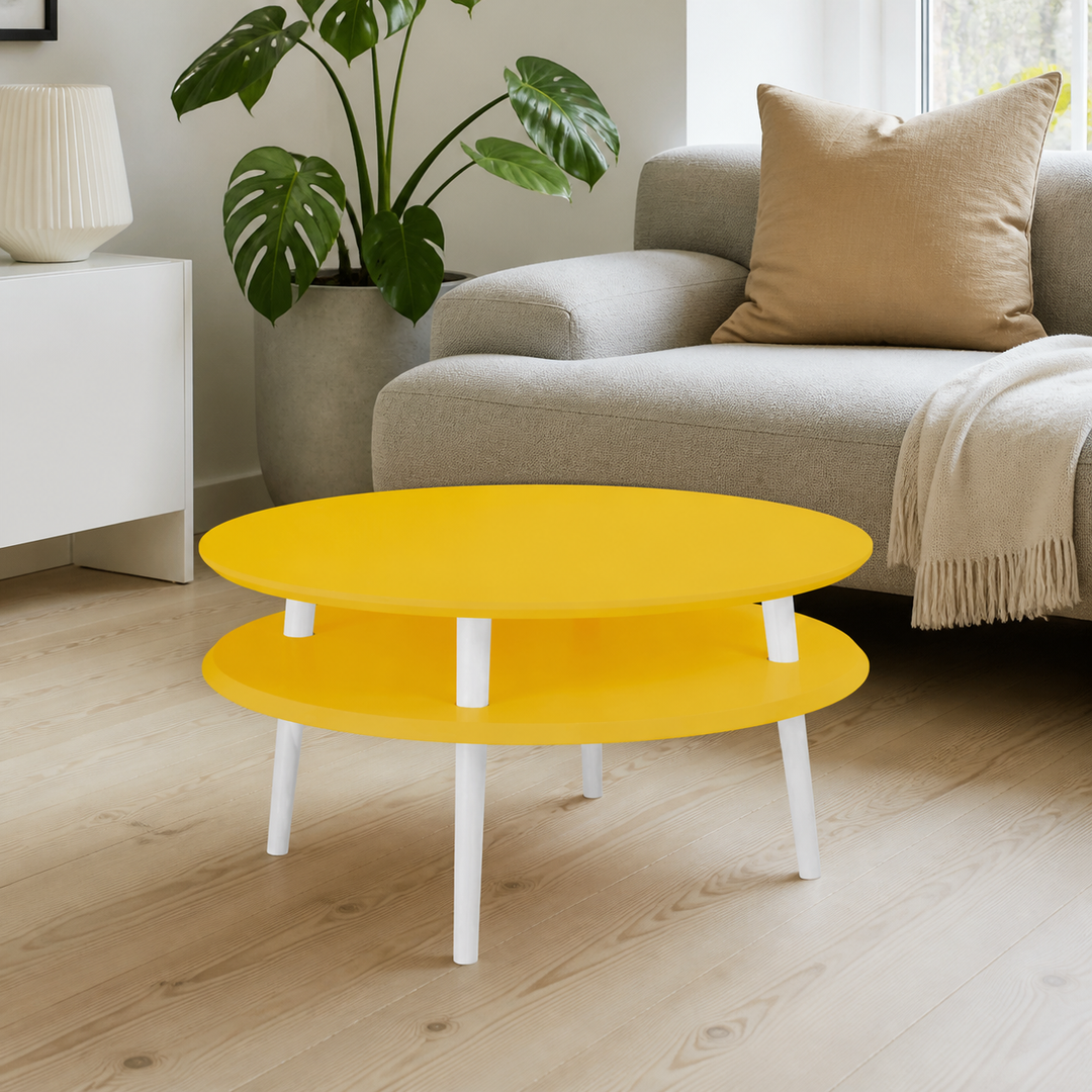 UFO Sofabord Diam 70cm x Højde 35cm Gul Hvid Ben – hele produktet lukket i hjemmet