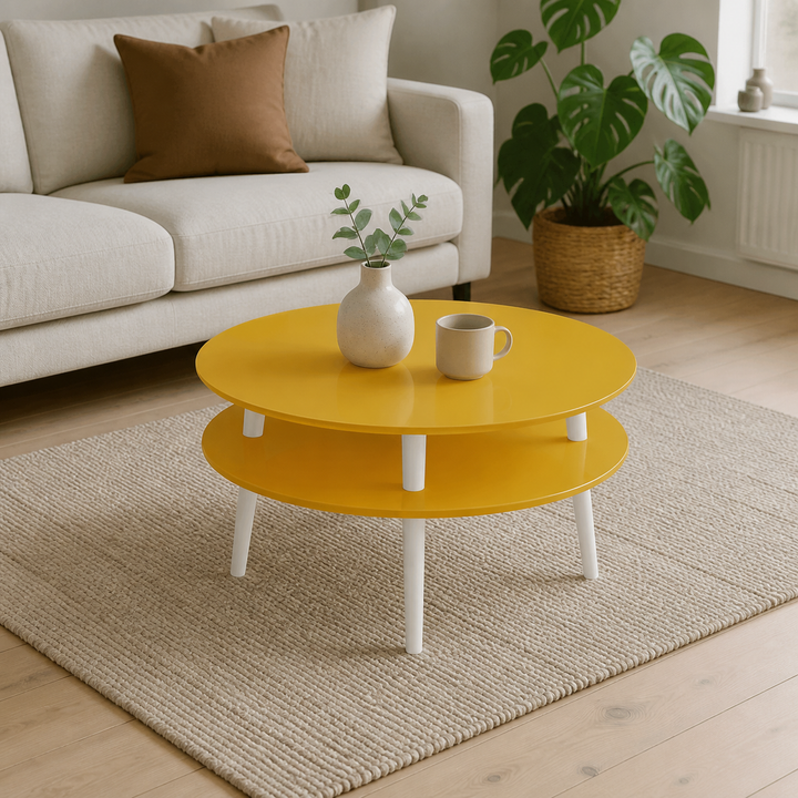 UFO Sofabord Diam 70cm x Højde 35cm Gul Hvid Ben – supplerende neutral dagslysscene