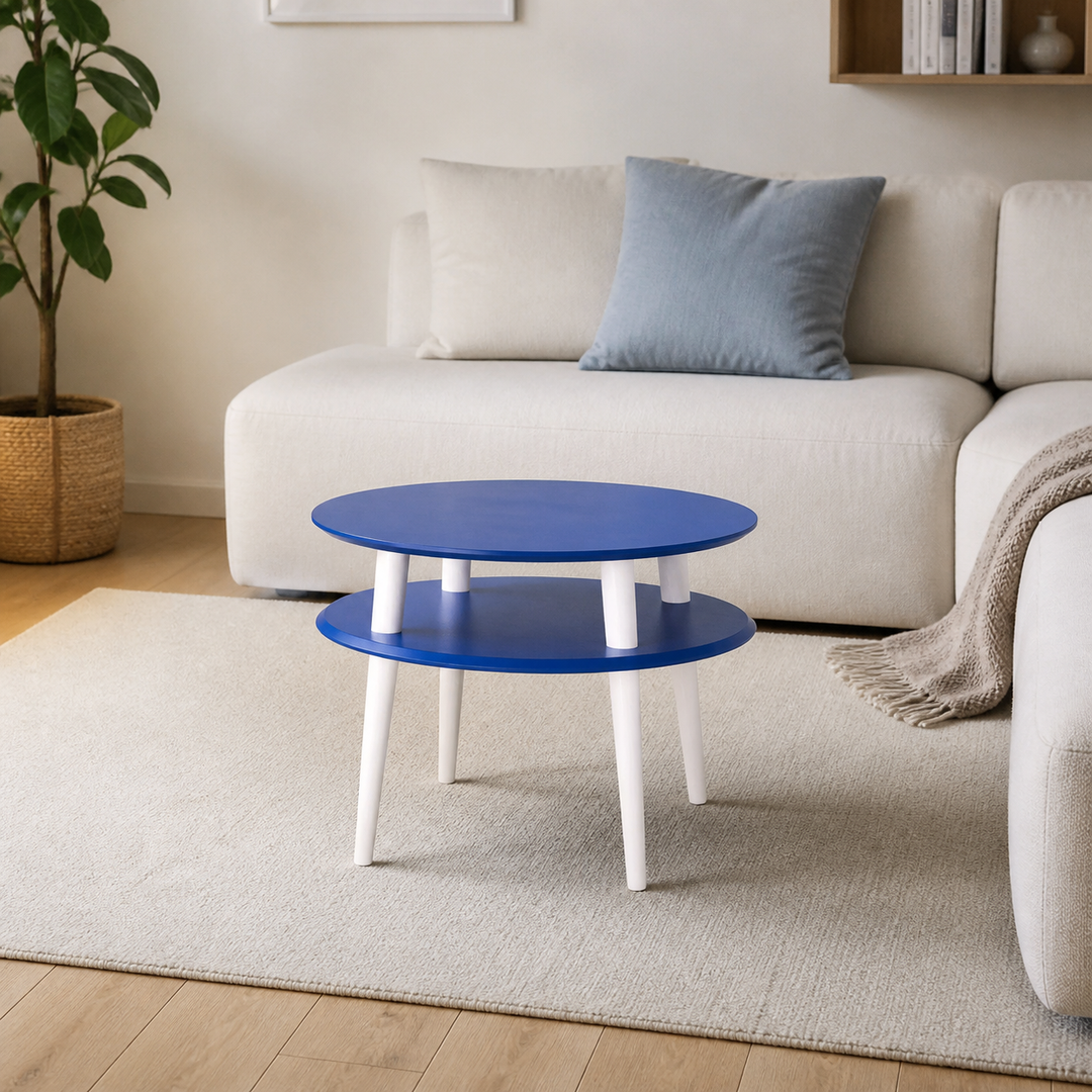 UFO Sofabord diameter 57cm x H 45cm - Marineblå / Hvide ben – hele produktet lukket i hjemmet