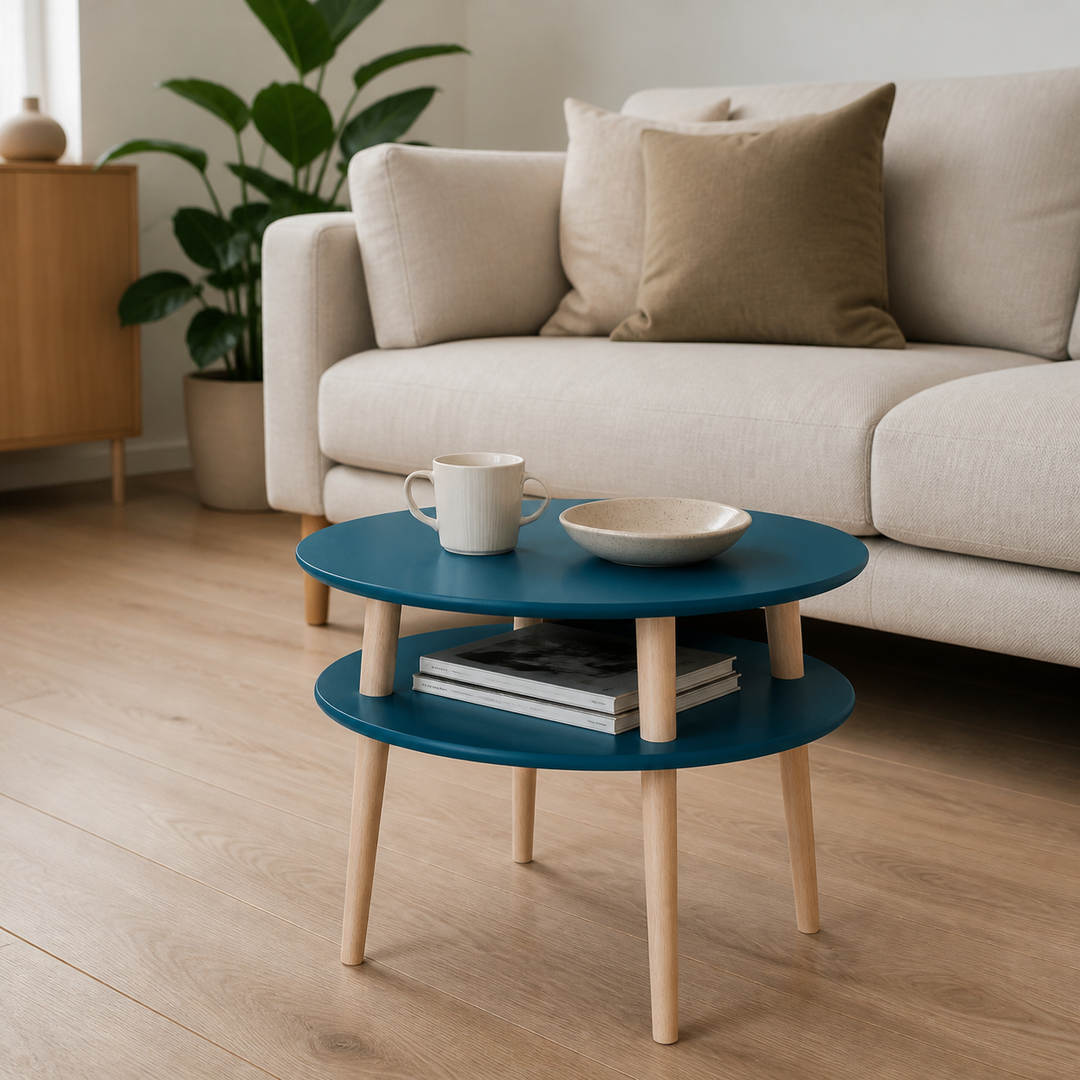UFO Sofabord diameter 57cm x H 45cm - Petrolblå / hvide ben – vigtigste funktion