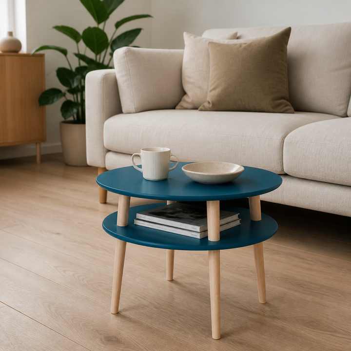 UFO Sofabord diameter 57cm x H 45cm - Petrolblå / hvide ben – vigtigste funktion