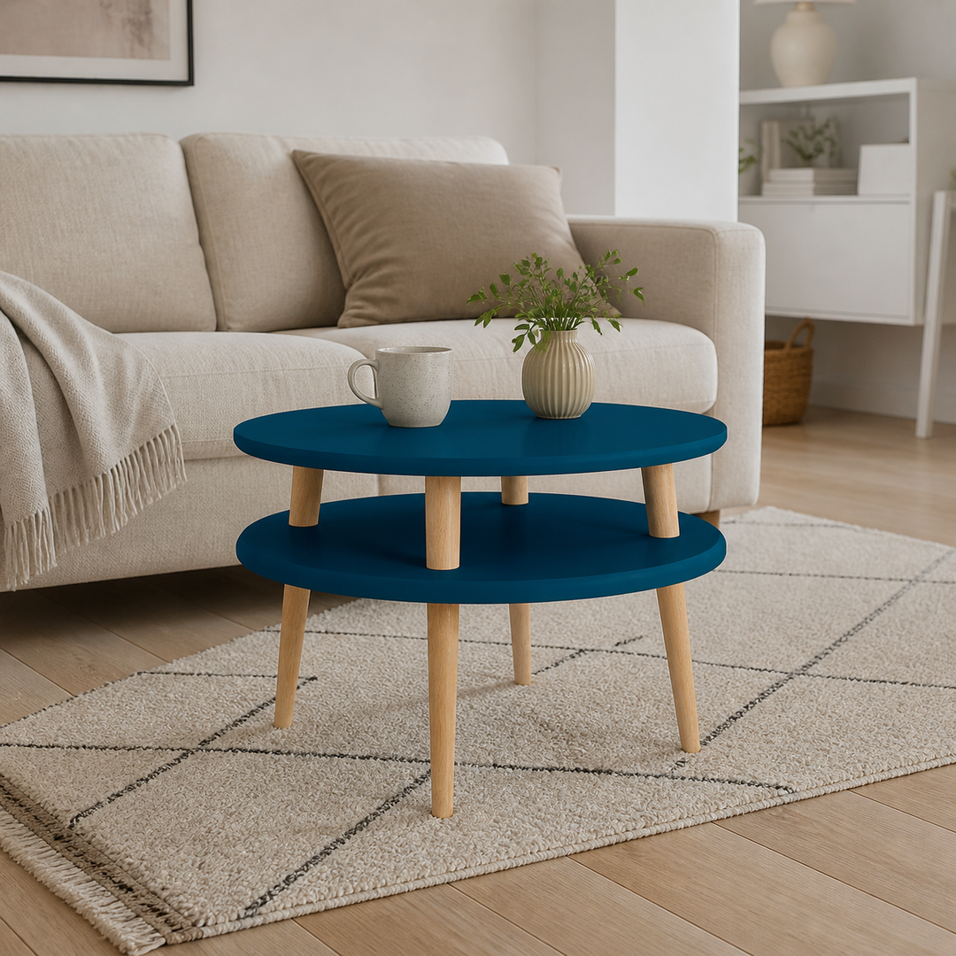 UFO Sofabord diameter 57cm x H 45cm - Petrolblå / hvide ben – hele produktet lukket i hjemmet