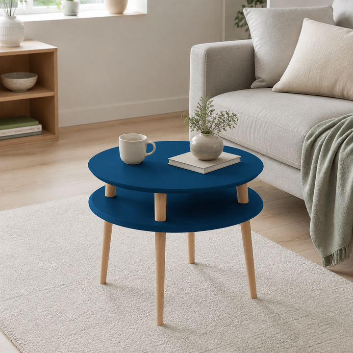 UFO Sofabord diameter 57cm x H 45cm - Petrolblå / hvide ben – anden naturlig anvendelse eller vinkel