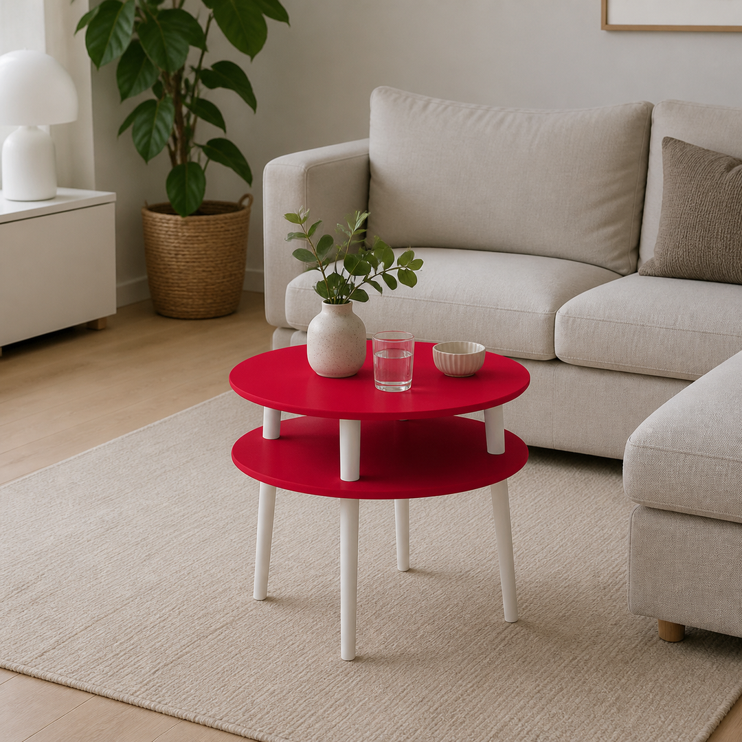 UFO Sofabord diameter 57cm x H 45cm - Røde/Hvide Ben – hele produktet lukket i hjemmet
