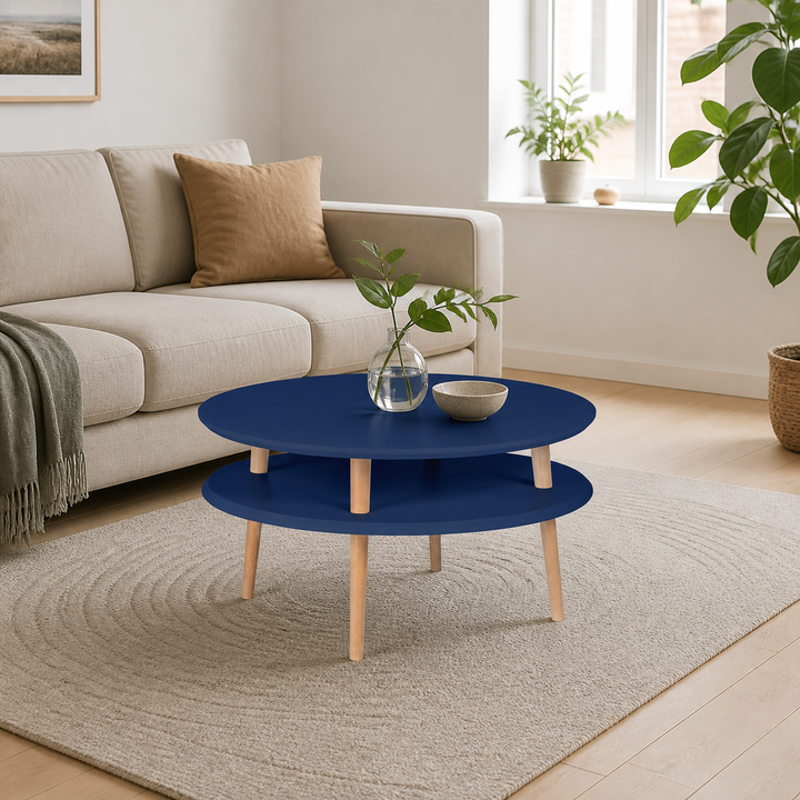 UFO Sofabord diameter 70cm x højde 35cm - Marineblå / Hvide ben – hero i naturlig brug