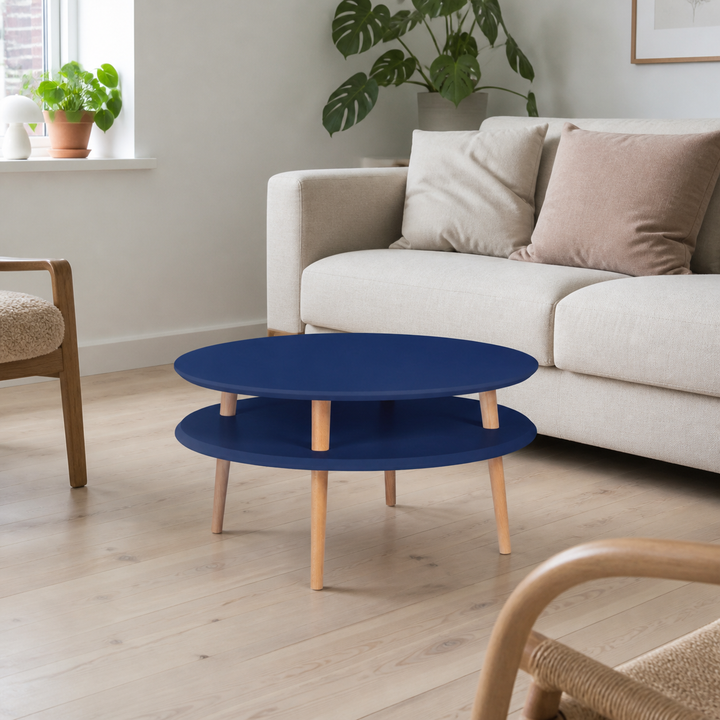 UFO Sofabord diameter 70cm x højde 35cm - Marineblå / Hvide ben – hele produktet lukket i hjemmet