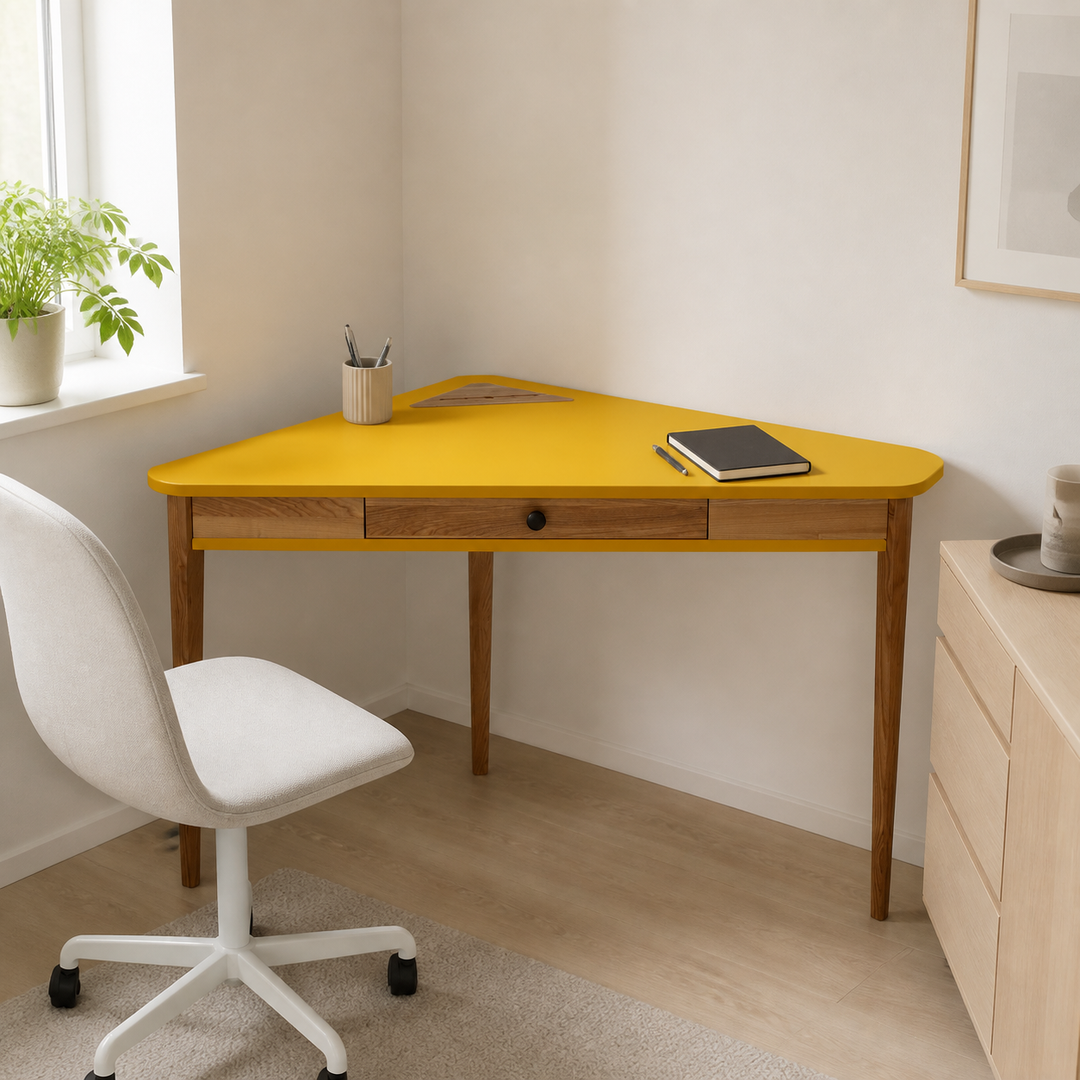 ASHME Hjørneskrivebord 114x85x85cm - Gul – supplerende neutral dagslysscene