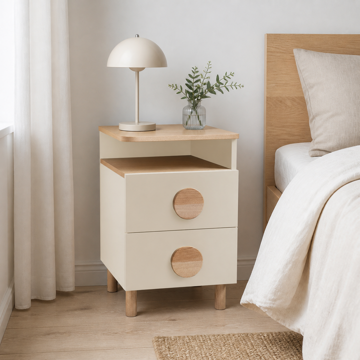 DABI sengebord 41x50cm højrestillet Chalk White – hele produktet lukket i hjemmet