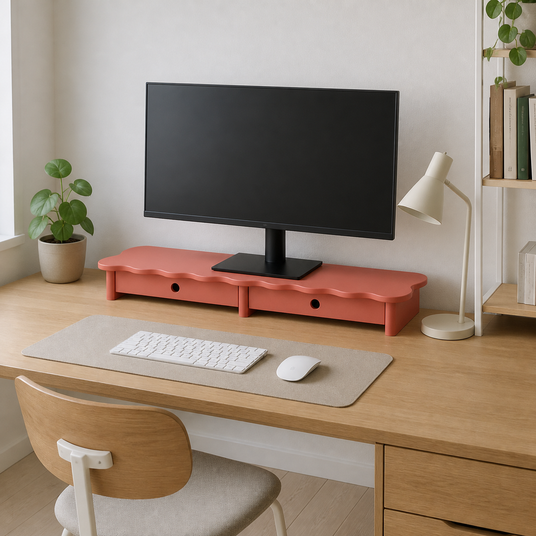 FLOWER 109cm monitorskærmstativ med skuffer Antique Pink – hele produktet lukket i hjemmet