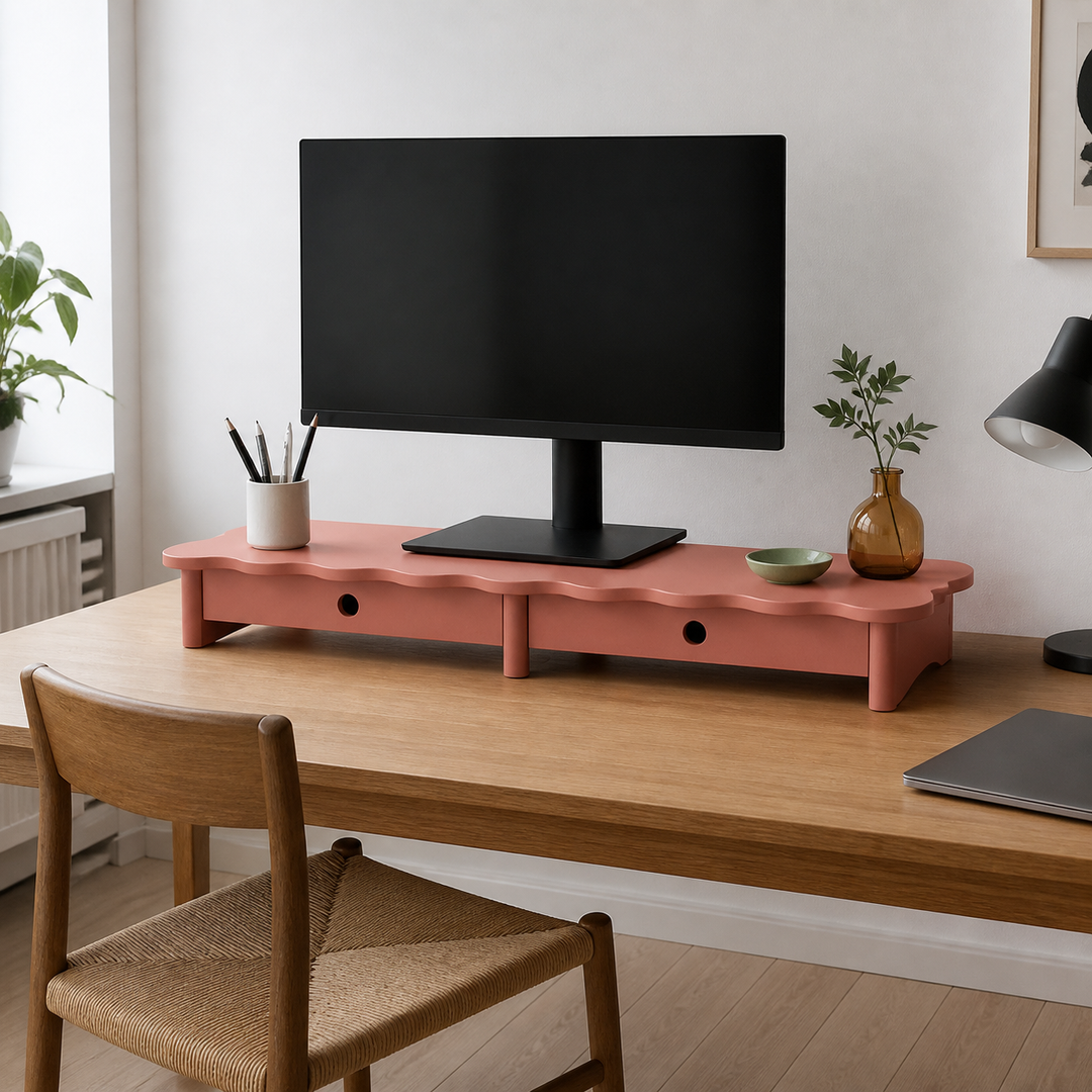 FLOWER 109cm monitorskærmstativ med skuffer Antique Pink – supplerende neutral dagslysscene