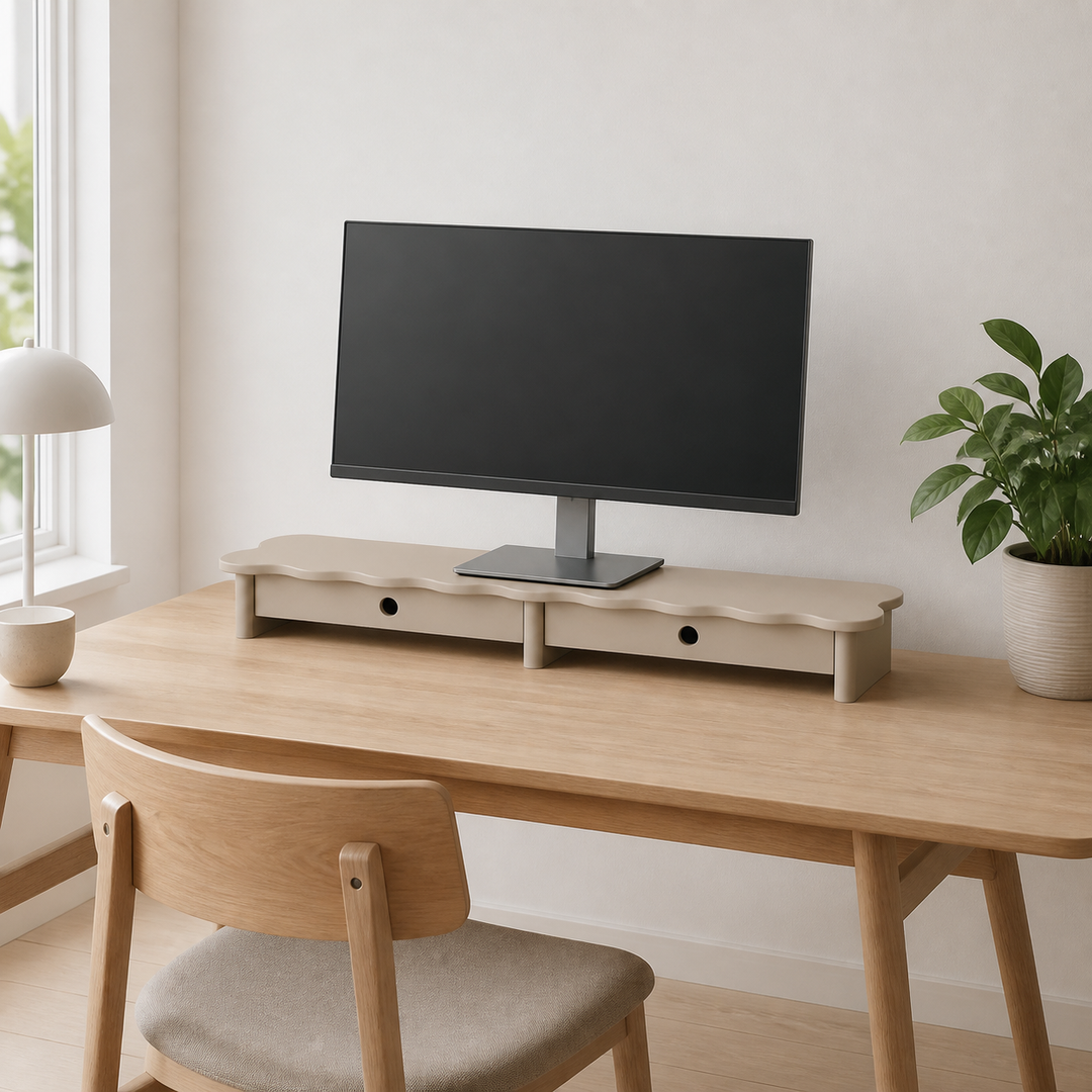 FLOWER 109cm monitorskærmstativ med skuffer Brown Beige – hero i naturlig brug