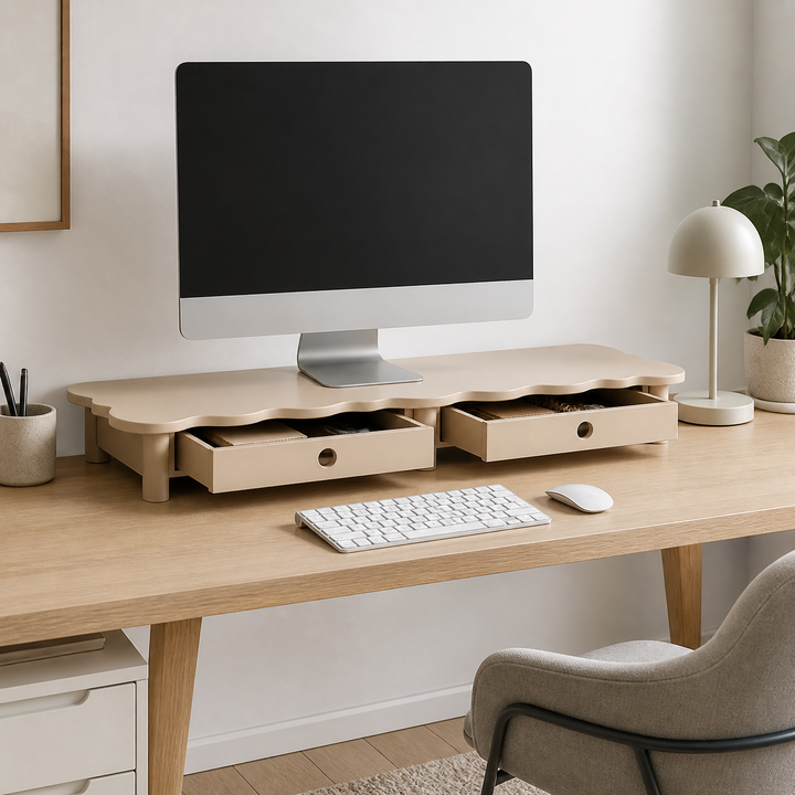 FLOWER 109cm monitorskærmstativ med skuffer Brown Beige – vigtigste funktion