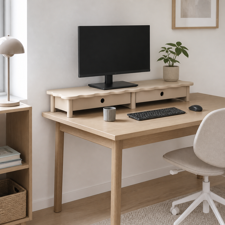 FLOWER 109cm monitorskærmstativ med skuffer Brown Beige – anden naturlig anvendelse eller vinkel