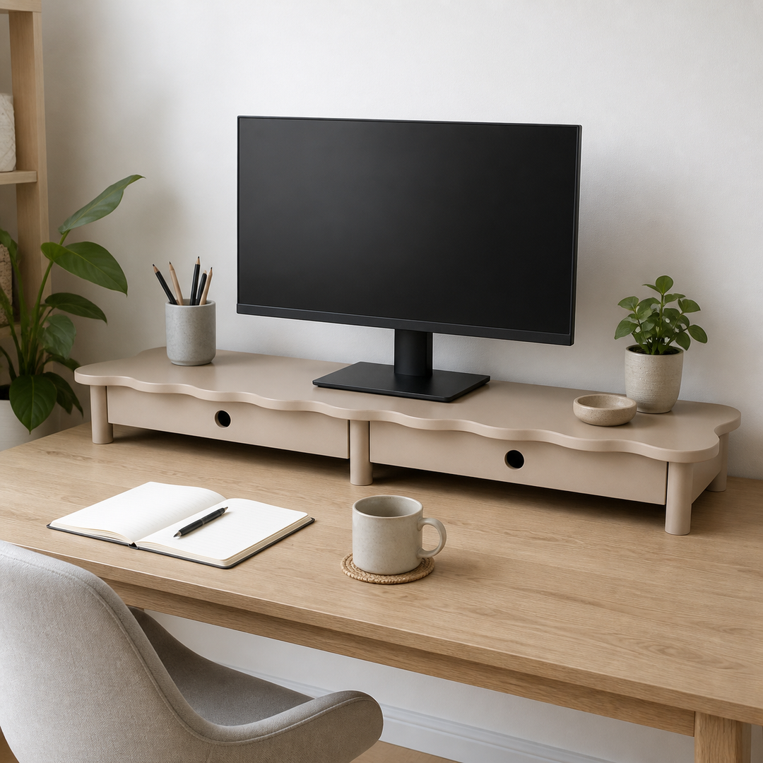 FLOWER 109cm monitorskærmstativ med skuffer Brown Beige – supplerende neutral dagslysscene
