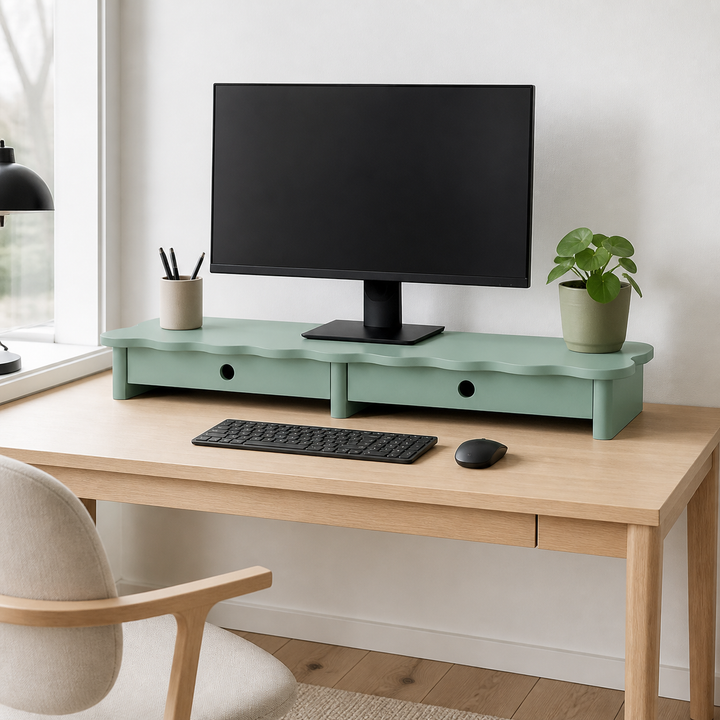 FLOWER 109cm monitorskærmstativ med skuffer Sage Green – hero i naturlig brug
