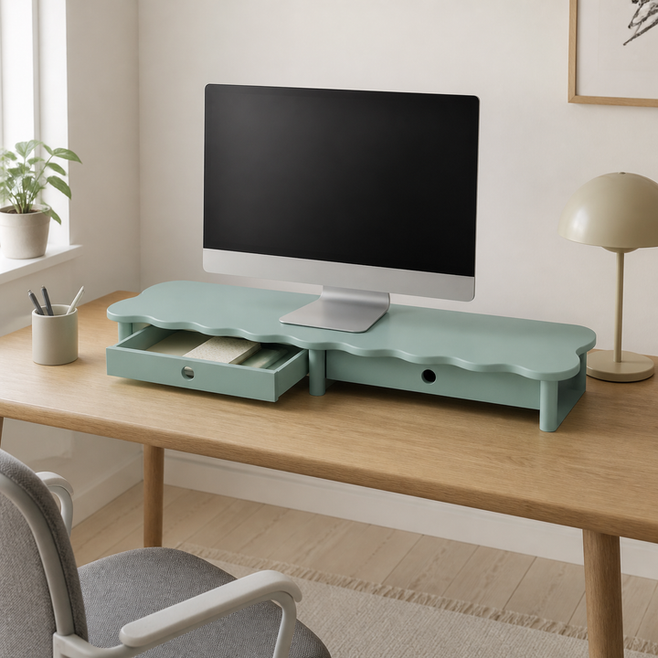 FLOWER 109cm monitorskærmstativ med skuffer Sage Green – vigtigste funktion