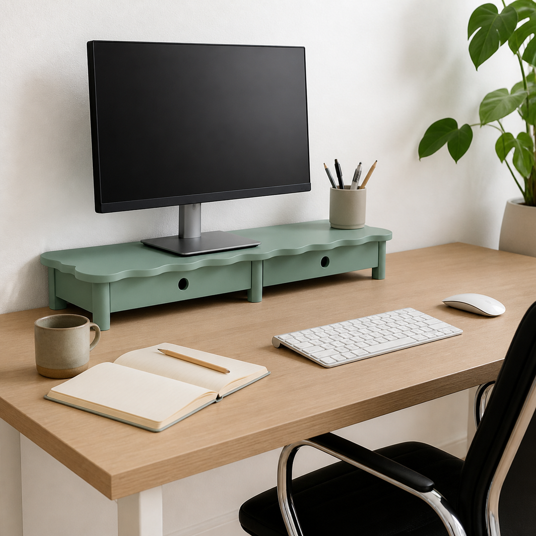 FLOWER 109cm monitorskærmstativ med skuffer Sage Green – materiale- eller konstruktionsdetalje