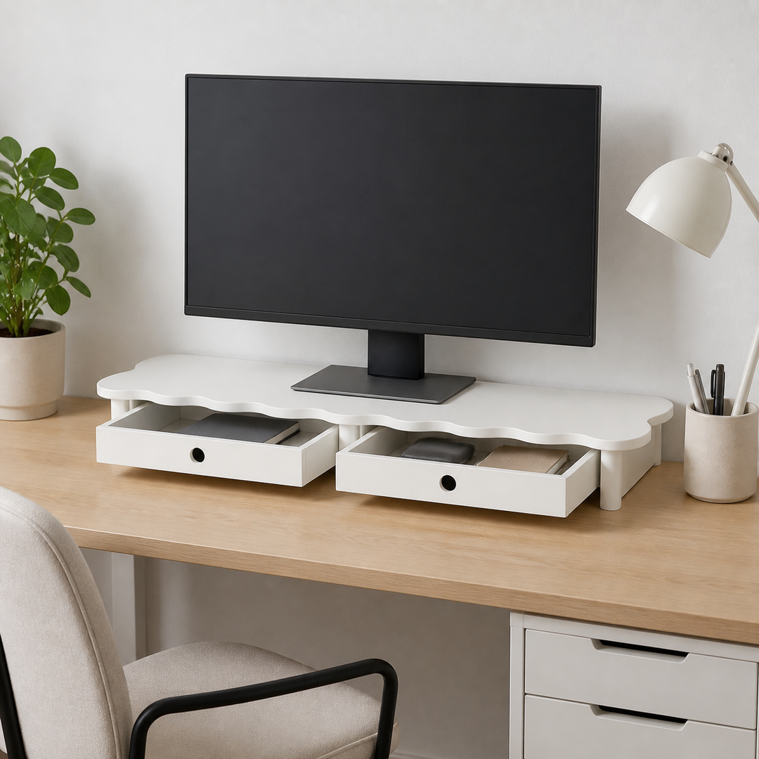 FLOWER 109cm monitorskærmstativ med skuffer White – vigtigste funktion