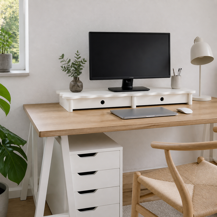 FLOWER 109cm monitorskærmstativ med skuffer White – hele produktet lukket i hjemmet