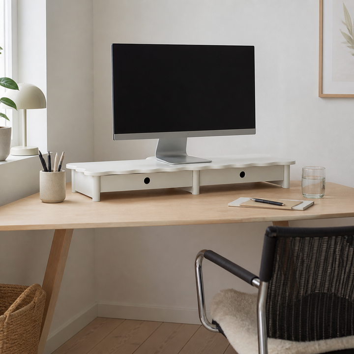 FLOWER 109cm monitorskærmstativ med skuffer White – supplerende neutral dagslysscene