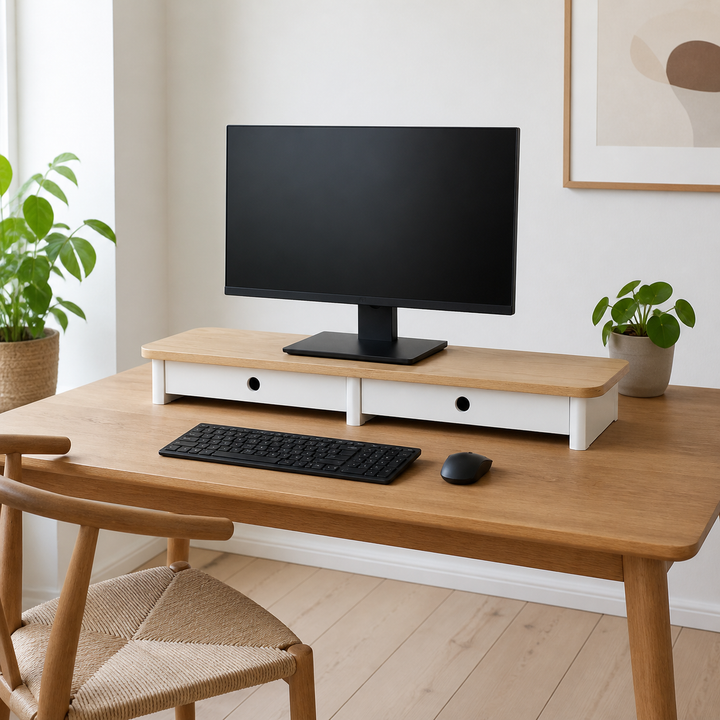JUBI 109cm monitorskærmstativ med skuffer Ash White – hero i naturlig brug