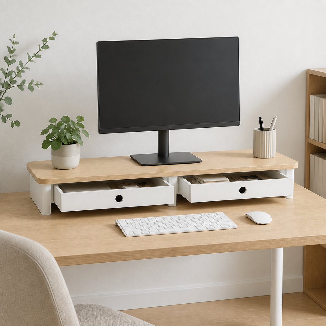 JUBI 109cm monitorskærmstativ med skuffer Ash White – vigtigste funktion