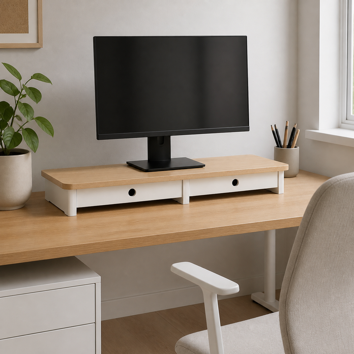 JUBI 109cm monitorskærmstativ med skuffer Ash White – anden naturlig anvendelse eller vinkel