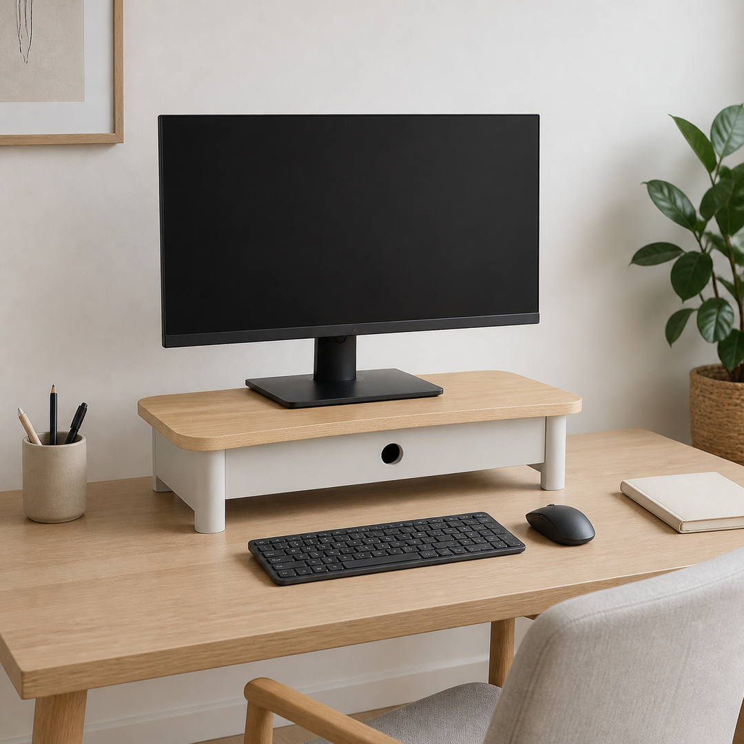 JUBI 60cm monitorskærmstativ med skuffe Ash Pearl Grey – hero i naturlig brug