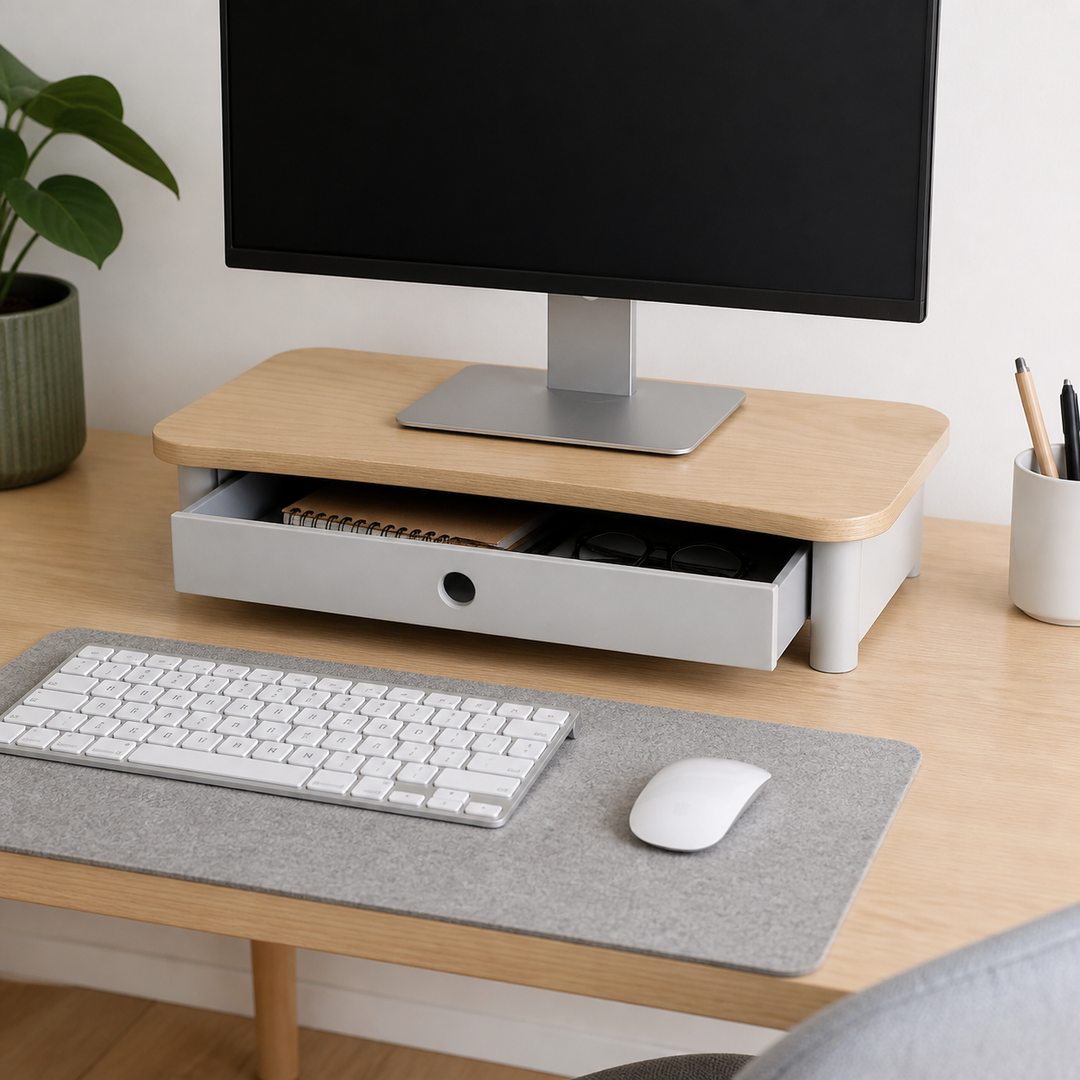 JUBI 60cm monitorskærmstativ med skuffe Ash Pearl Grey – vigtigste funktion
