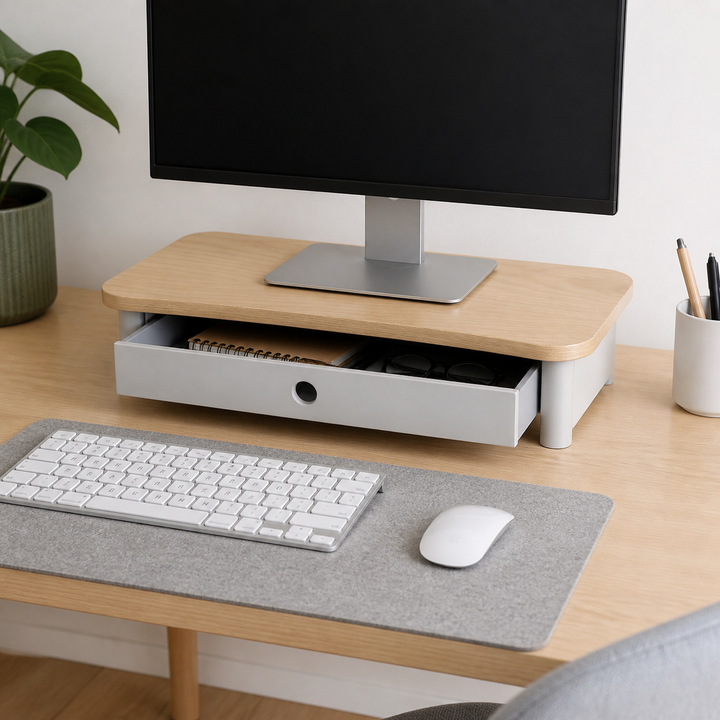 JUBI 60cm monitorskærmstativ med skuffe Ash Pearl Grey – vigtigste funktion