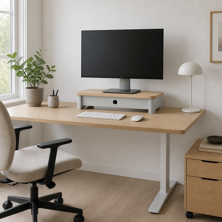JUBI 60cm monitorskærmstativ med skuffe Ash Pearl Grey – hele produktet lukket i hjemmet