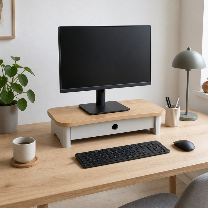 JUBI 60cm monitorskærmstativ med skuffe Ash Pearl Grey – supplerende neutral dagslysscene