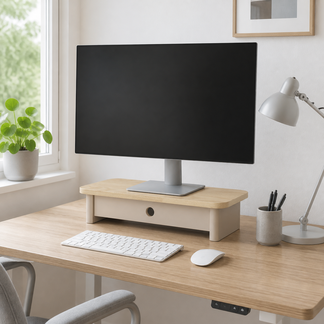 JUBI 60x24cm monitorskærmstativ med skuffe Ash Brown Beige – hero i naturlig brug
