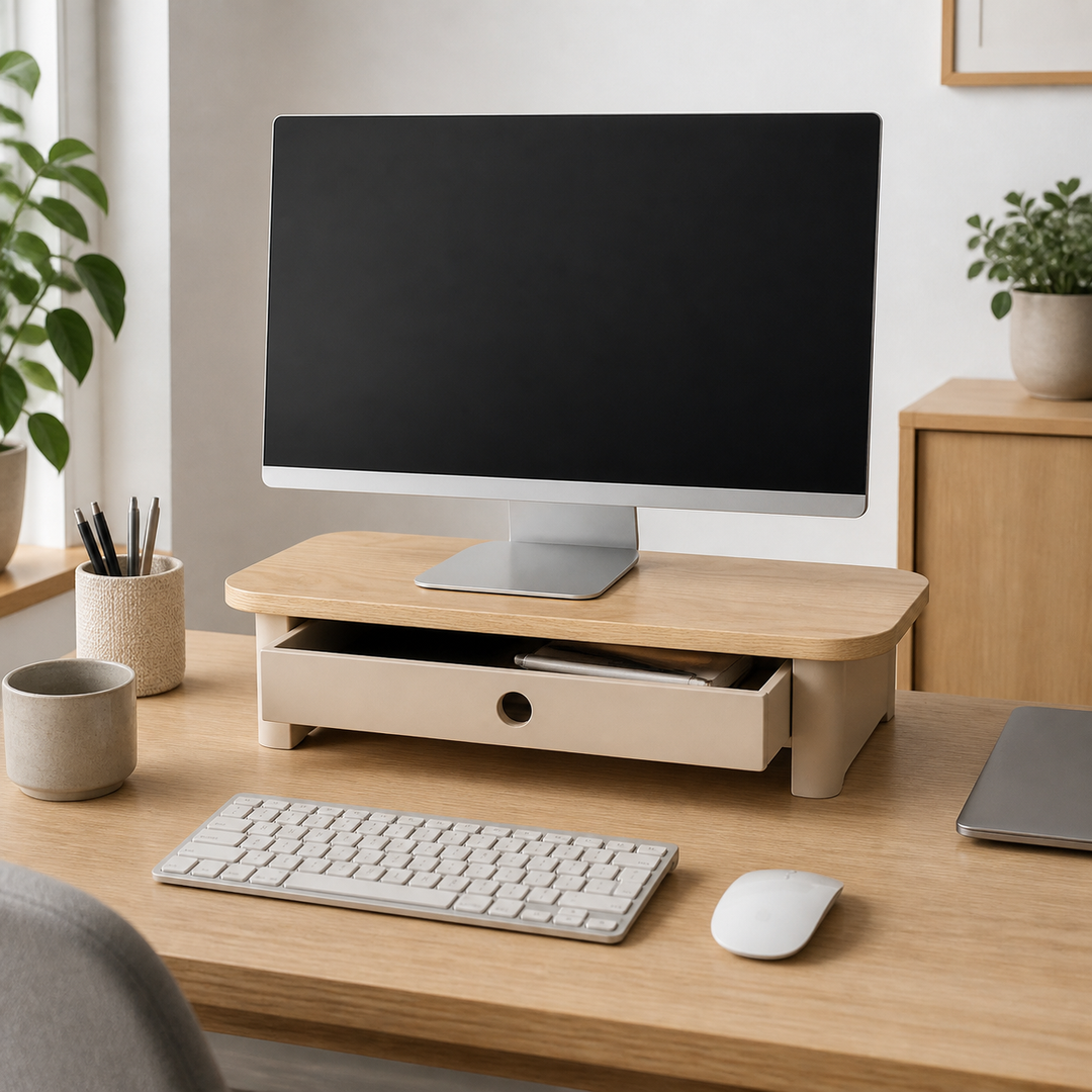 JUBI 60x24cm monitorskærmstativ med skuffe Ash Brown Beige – vigtigste funktion