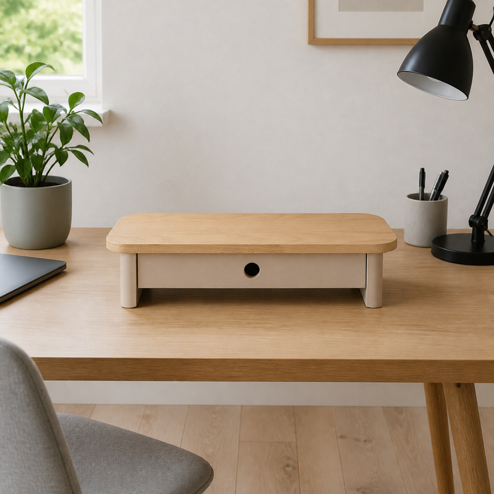 JUBI 60x24cm monitorskærmstativ med skuffe Ash Brown Beige – hele produktet lukket i hjemmet