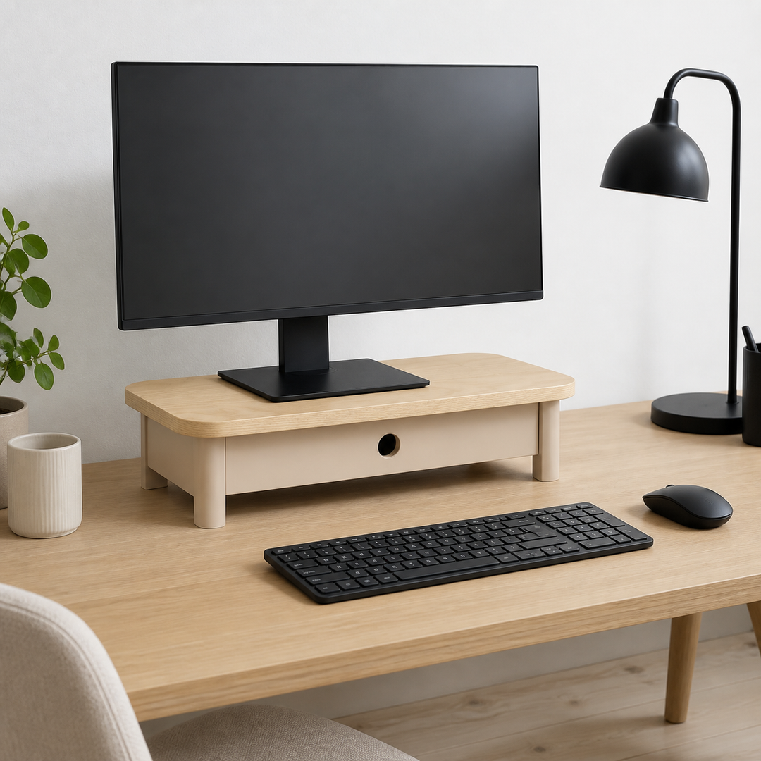 JUBI 60x24cm monitorskærmstativ med skuffe Ash Brown Beige – supplerende neutral dagslysscene