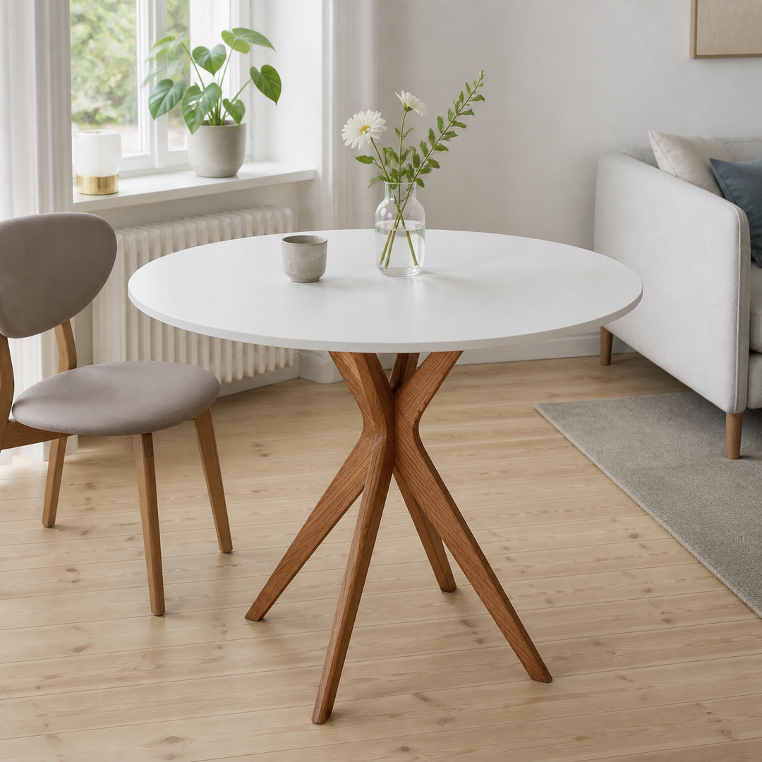JUBI Lille Rundt Spisebord diam. 70cm Oak Pearl Grey – supplerende neutral dagslysscene